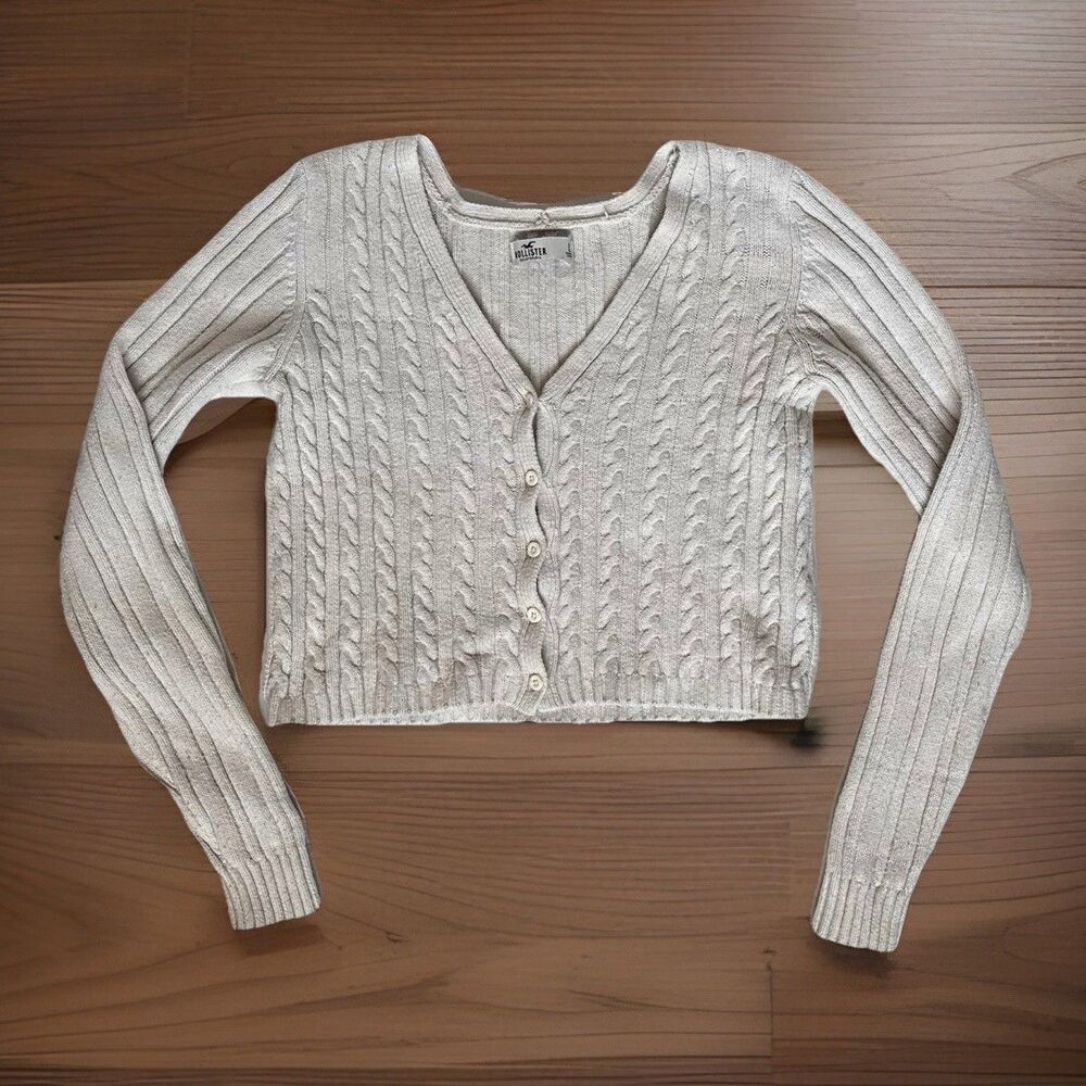 Hollister Long Sleeve Button-Up Cable Knit Cropped Cardigan Sweater Size S Ivory